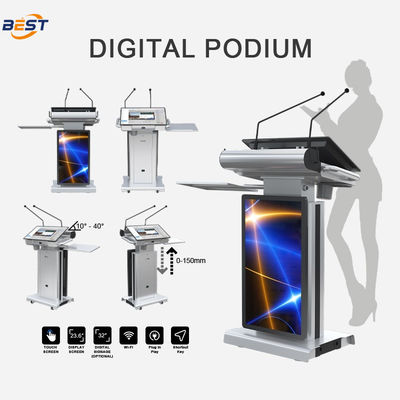 150 mm di altezza massima di sollevamento Smart Podium con angolo di schermo regolabile da 10 a 40 ° e schermo Smart Kiosk opzionale da 32 pollici