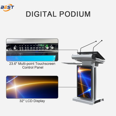 Podio multimediale intelligente con angolo dello schermo regolabile da 10 a 40°, altezza di sollevamento massima di 150 mm e schermo per chiosco intelligente da 32 pollici opzionale