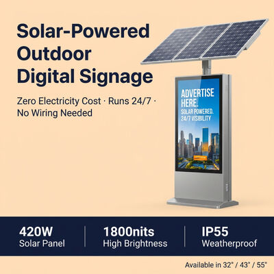 Display pubblicitario a LED a energia solare con 1500-2000 nit leggibile dalla luce solare, batteria LiFePO4 e protezione IP55
