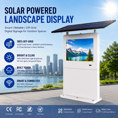 Cartellone digitale esterno alimentato a energia solare con luminosità di 2000 Nits, batteria LiFePO4 da 3600Wh e certificazione IP55