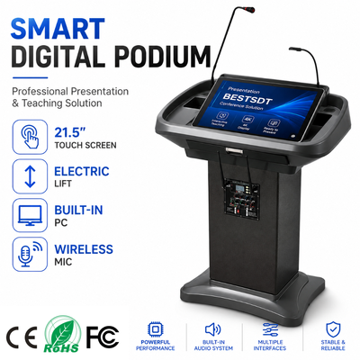 Podio digitale intelligente ascensore motorizzato display touch capacitivo da 21,5 pollici altoparlante integrato microfono wireless leggio