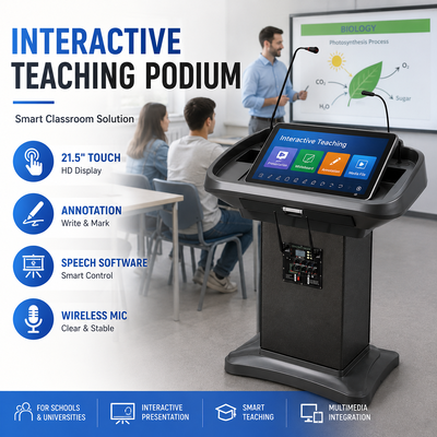 Podio digitale per conferenze Display touch da 21,5 pollici Microfono a collo di cigno wireless Altoparlante attivo Leggio multimediale