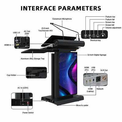 Podio digitale nero 730x500x1050mm con ascensore elettrico 200mm, podio in metallo con interfaccia HDMI USB XLR