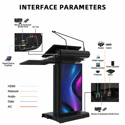Podio digitale nero 730x500x1050mm con ascensore elettrico 200mm, podio in metallo con interfaccia HDMI USB XLR