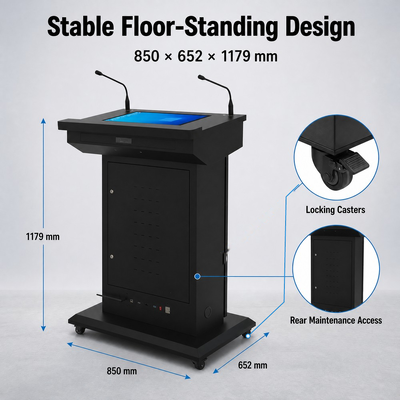 Lectern digitale in piedi sul pavimento Display frontale da 43 pollici e touchscreen da 21,5 pollici per sale di allenamento